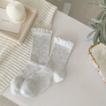 Light gray knit crew socks featuring elegant white lace trim for a sweet Korean style - One Size / Grayish White