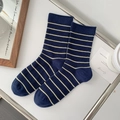 Navy blue and yellow striped combed cotton mid-calf socks in college style - One Size / Striped Navy Blue