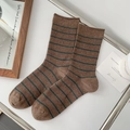 Brown and green striped cotton crew socks with fine ribbed texture for women - One Size / Coffee Stripe