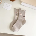 Beige cotton socks featuring cute cartoon animal patterns with dog and bear designs - Light Brown Rolled Edge (D-1)
