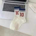 White crew socks with blue stripes and Stay Active print in college sport style - STAY ACTIVE 10 (Red Number) / White/Blue-Red