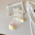 White cotton crew socks with pink stripes and yellow toe accents for women - Pink Letter Stripes / Multi-color