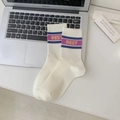 White crew socks with purple stripes and REST logo, preppy sports style for women - White/Purple-Blue Stripe