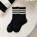 Classic black mid-calf cotton socks with three white sports stripes and ribbed texture - One Size / Black with White Stripes