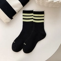 Mid-tube black cotton socks with triple neon green stripes and ME letter printing - One Size / Black with Yellow Stripes