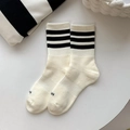 Creamy white mid-calf ribbed cotton socks with three black stripes and toe detailing - One Size / White with Black Stripes