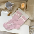 Pink mink velvet socks with cute rabbit pattern and white stripes for winter - One Size / Two Stripes Cuff