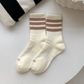 Cotton mid-calf socks in off-white featuring three brown stripes and MI embroidery - One Size / White with Coffee Stripes