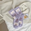 Calcetines de forro polar coral lila con lindo oso blanco y estrellas para el invierno - Talla única / Lavanda