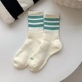 Off-white ribbed mid-calf cotton socks featuring three mint green stripes on the cuff - One Size / White with Teal Stripes