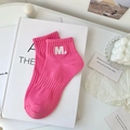 Rose pink crew sock with white M letter embroidery and ribbed cuff on a clean background - One Size / Rose Red