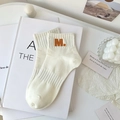 Cream white ribbed mid-calf sports socks with orange M letter embroidery detail - One Size / Creamy White