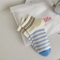 Calze corte in cotone a righe bianche blu con polsini a costine marroni - Azzurro