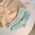Mint green cable knit faux mink fleece warm cabin socks for women winter home wear - One Size / Light Blue