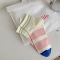 Striped combed cotton ankle socks in cream with green and pink stripes for students - Dark Blue