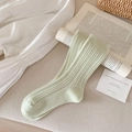Light green vertical ribbed knit mid-calf socks with breathable mesh for women - One Size / Bean Green