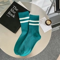 Peacock green mid-calf cotton socks featuring white stripes and vertical ribbed texture - One Size / Green with White Stripes