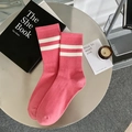 Vibrant rose pink mid-calf socks with white stripes made of premium combed cotton - One Size / Rose Red with White Stripes