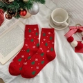 Red Christmas crew socks featuring knit patterns of green trees and white snowflakes - One Size / Snowflake And Tree