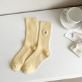 Light yellow combed cotton mid-calf socks with vertical ribbing and cartoon embroidery - Milk Yellow