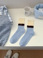Casual halflange katoenen sokken in geel blauw bruin kleurvlak design met allo borduursel - Gele Rand (Geel/Bruin/Blauw Color Block)