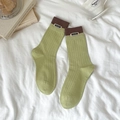 Light green cotton mid-calf socks with contrast coffee brown ribbed cuffs and Amity label - Light Green/Dark Coffee