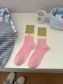 Cute pink and yellow contrast cotton crew socks with allo letter embroidery details - Green Row Mouth (Pink/Yellow/Green Color Block)