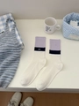 Beige and purple knit crew socks with allo embroidery and black striped details - Purple Row Mouth (Off-White/Purple/Black Color Block)