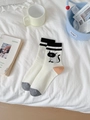 White crew socks with cute black cat illustration and striped details in cotton - Black Cuff (Striped Black Cat Style)
