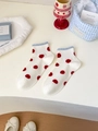 Weiße Baumwollsocken für Damen mit roten Punkten und hellblauen Rüschenbündchen - Rote Große Punkte