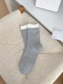 Grey knit mid-calf socks with white wavy cuffs and elegant pearl accent decoration - Light Gray