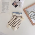 Combed cotton crew socks in beige with coffee stripes and blue rolled cuff with egg label - One Size / Milky Yellow
