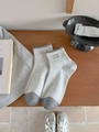 Light gray cotton mid-calf socks with dark gray contrast ruffle trim and cute dog patch - One Size / Light Gray