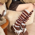 Calentadores estilo japonés con rayas marrones y azul cielo en tejido de punto - Talla única / Azul Marrón