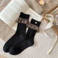 Retro black knit crew socks with brown plaid ruffle trim and vintage button accent - One Size / Black