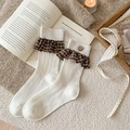 White ribbed crew socks with brown plaid lace trim and vintage button accent - One Size / White