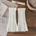 Beige knit leg warmers with hollow lace texture and ruffled edges in a cozy aesthetic - One Size / White