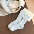 Speckled light blue wool socks with bow embroidery and ribbed texture for winter warmth - One Size / Blue