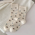Beige Socken mit Blumenmuster und Rüschenrand im japanischen Stil für Damen - Cremefarben Blumig Rüschenrand (Weiß Floral)