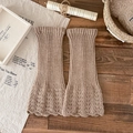 Light coffee knitted leg warmers with retro hollow lace and scalloped edge - One Size / Khaki
