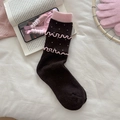 Chaussettes douces en laine noire avec bords roses, pois blancs et maille chaleureuse - Style à Points Noirs avec Double Volant