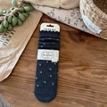 Vintage dark grey wool crew socks with light blue polka dots and paper packaging - Dark Grey Floral