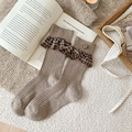 Brown plaid ruffle trim crew socks with vintage button detail in rib knit style - One Size / Light Coffee
