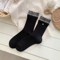 Black plaid ruffle calf socks with vertical ribs and purple flower accent decoration - One Size / Black