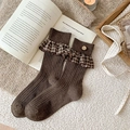 Retro brown crew socks with plaid ruffle trim and vintage button detail for women - One Size / Dark Coffee