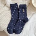 Navy blue wool socks with white polka dots and cute deer embroidery for winter warmth - Navy Blue
