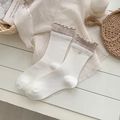 White vintage mid-calf socks with khaki plaid trim and delicate floral button detail - One Size / White