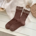 Chocolate brown vintage mid-calf socks with plaid ruffle trim and floral details - One Size / Coffee