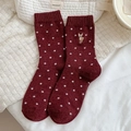 Vintage burgundy wool socks with white polka dots and cute deer embroidery detail - Red