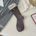 Striped trim mid-calf knit socks in dark coffee with decorative buttons and ribbed texture - Gray